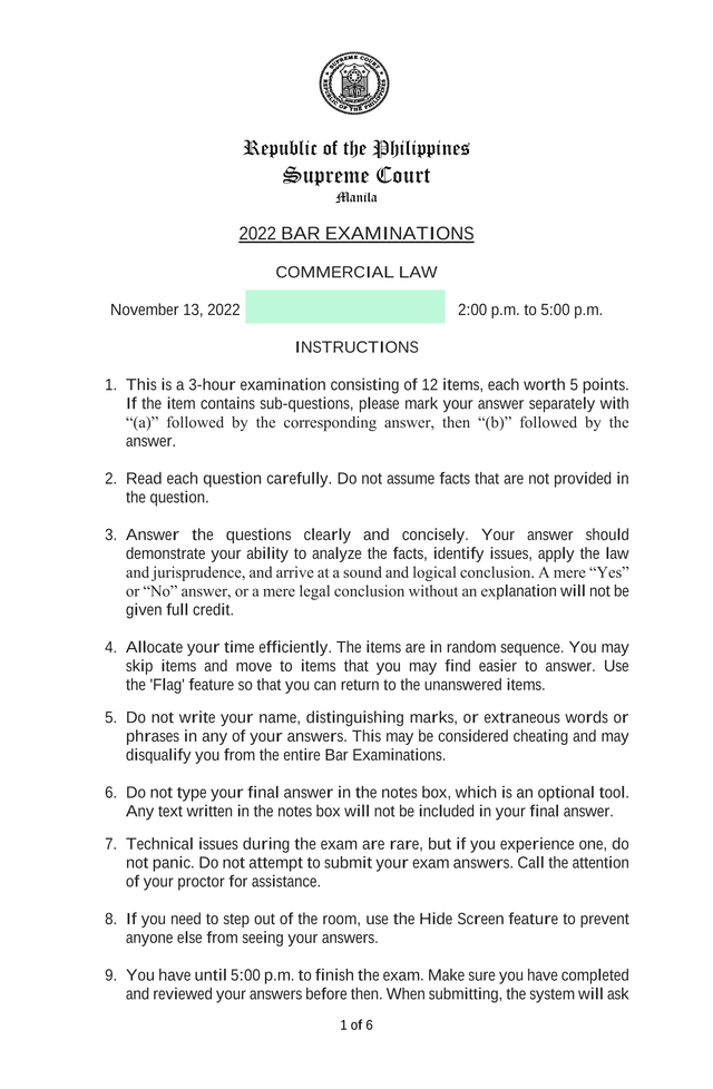 2022 BAR EXAMINATIONS   COMMERCIAL LAW screenshot