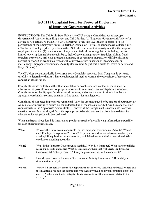 EO 1115 Complaint Form For Protected Disclosures Of Improper Governmental Activities screenshot