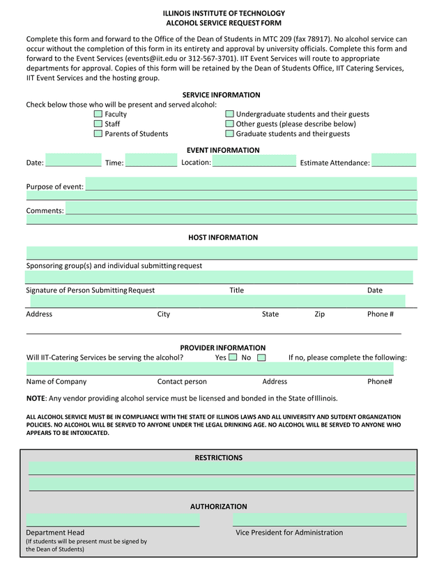 Alcohol Service Request Form screenshot