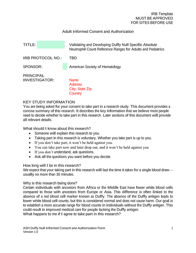 ASH Duffy Null Informed Consent And Authorization Form screenshot