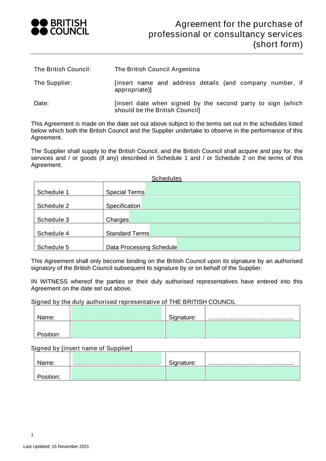 Agreement For The Purchase Of Professional Or Consultancy Services (Short Form) screenshot