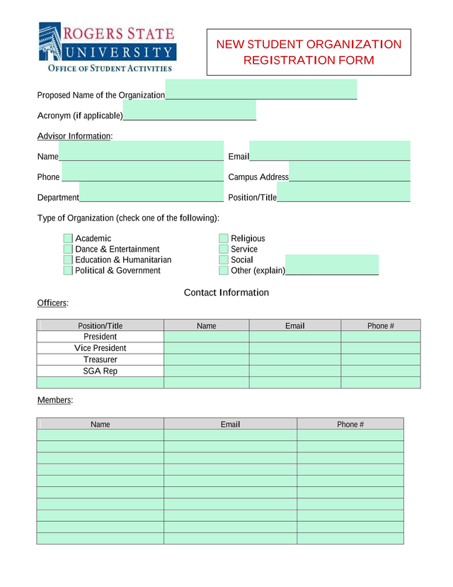NEW STUDENT ORGANIZATION REGISTRATION FORM screenshot