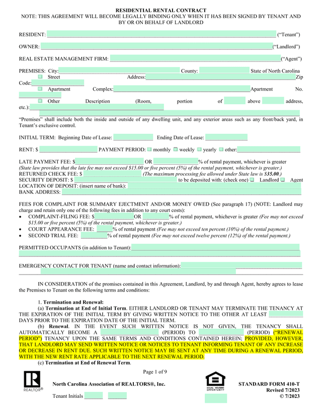 RESIDENTIAL RENTAL CONTRACT screenshot