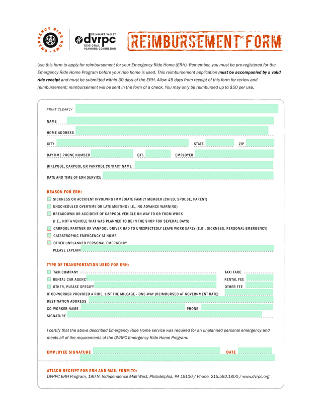 Emergency Ride Home (ERH) Reimbursement Form screenshot