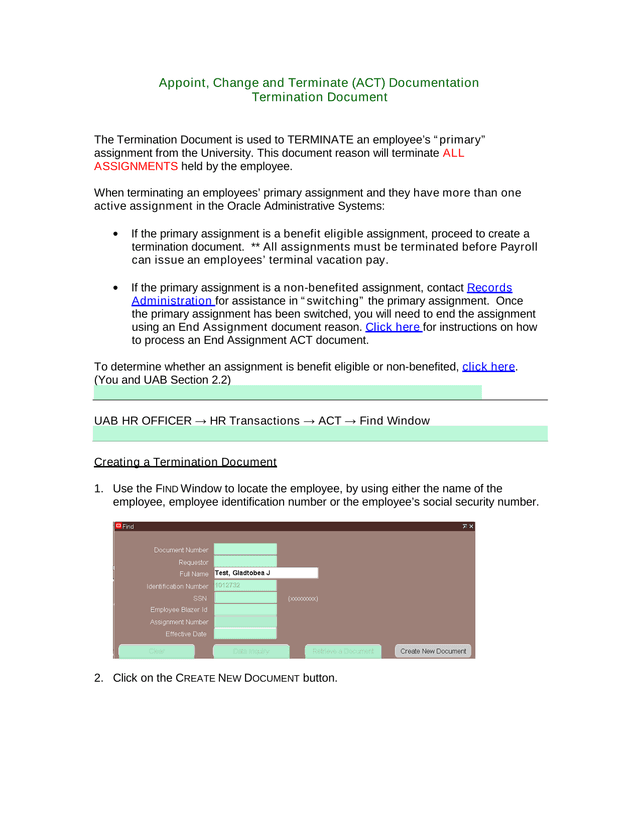 Appoint, Change And Terminate (ACT) Documentation Termination Document screenshot