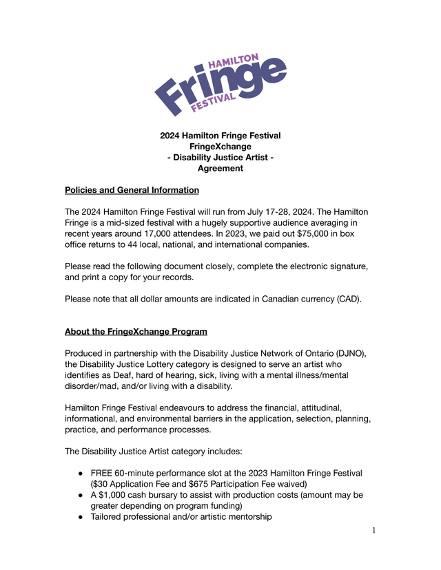 2024 Hamilton Fringe Festival FringeXchange   Disability Justice Artist Agreement screenshot