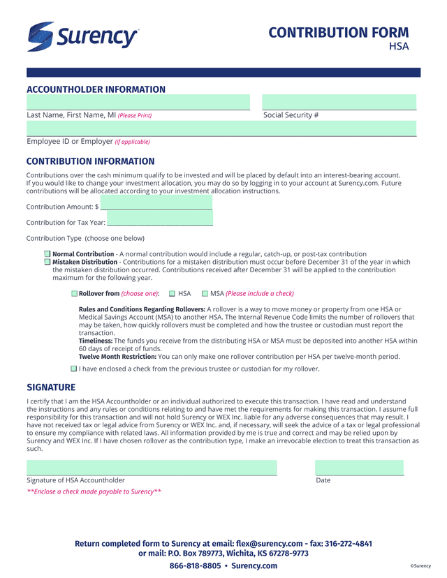 HSA Contribution Form screenshot