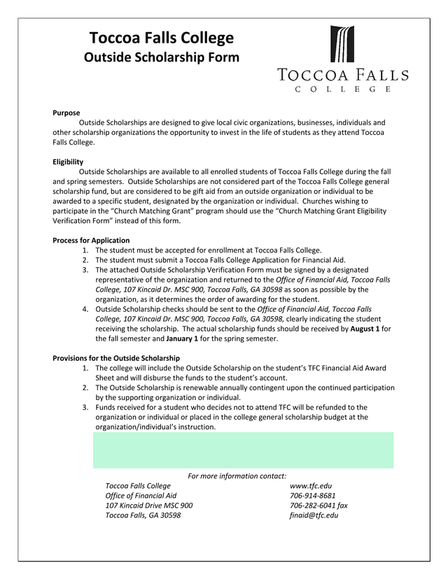 Toccoa Falls College Outside Scholarship Form screenshot