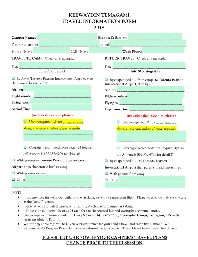 Keewaydin Temagami Travel Information Form screenshot