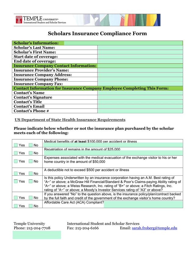 Scholars Insurance Compliance Form screenshot
