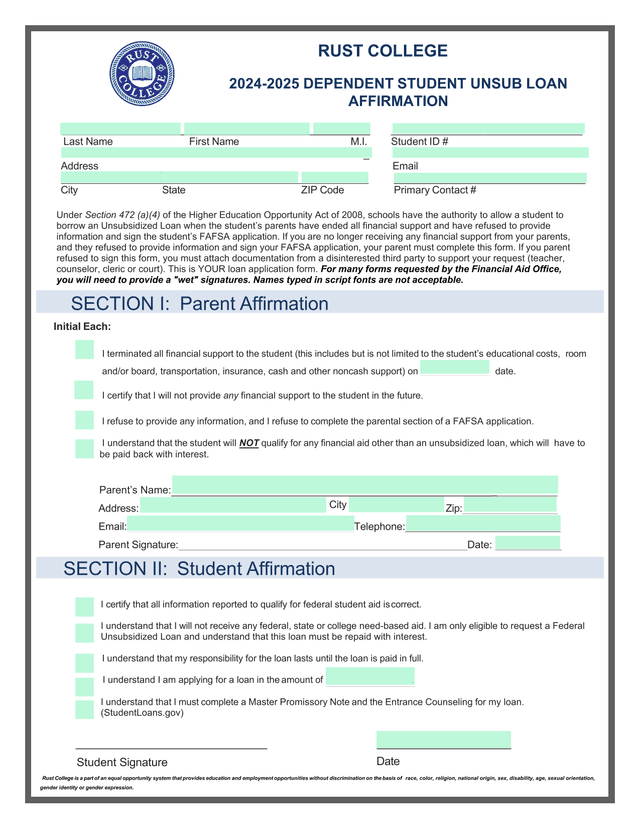 Rust College 2024 2025 Dependent Student Unsub Loan Affirmation screenshot