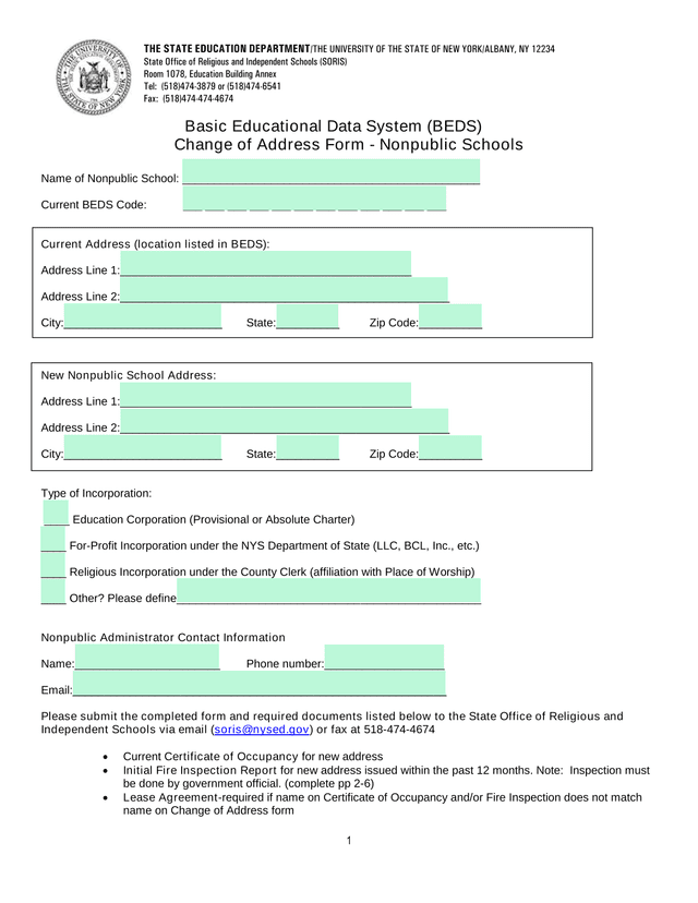 Basic Educational Data System (BEDS) Change Of Address Form   Nonpublic Schools screenshot
