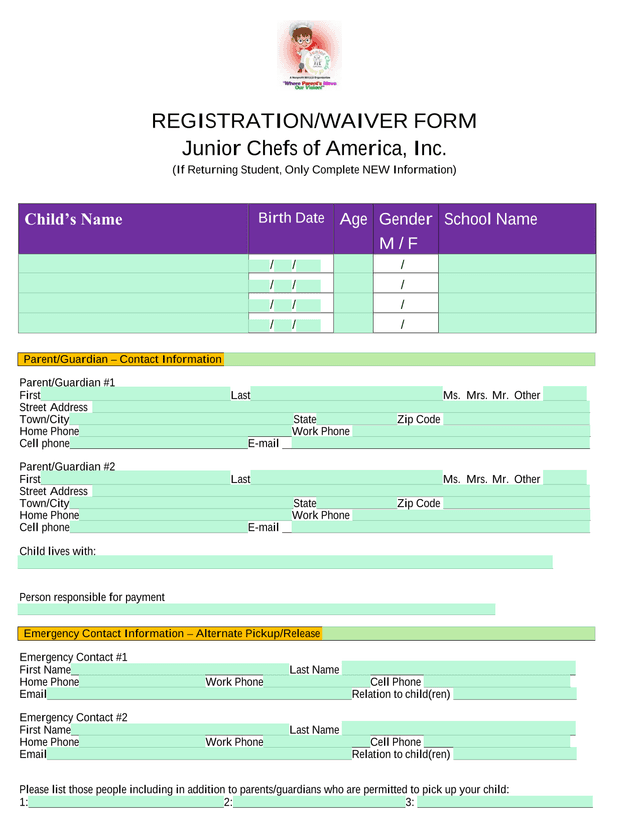 REGISTRATIONWAIVER FORM   Junior Chefs Of America, Inc. screenshot