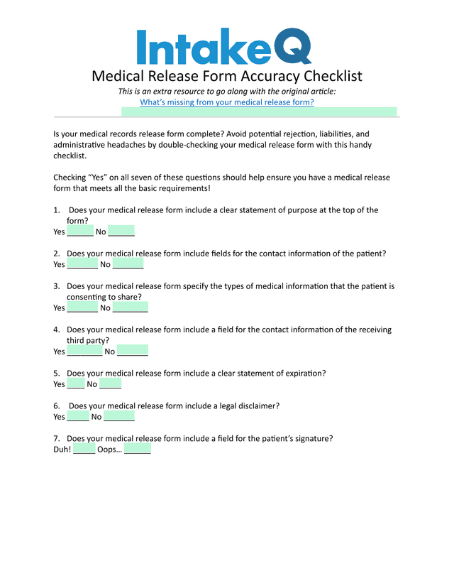 Medical Release Form Accuracy Checklist screenshot