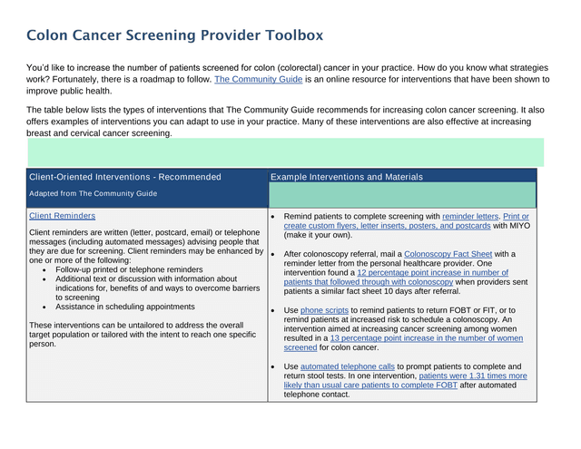 Colon Cancer Screening Provider Toolbox screenshot