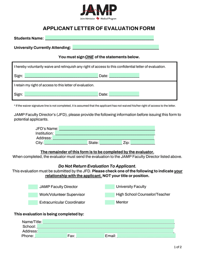 Applicant Letter Of Evaluation Form screenshot