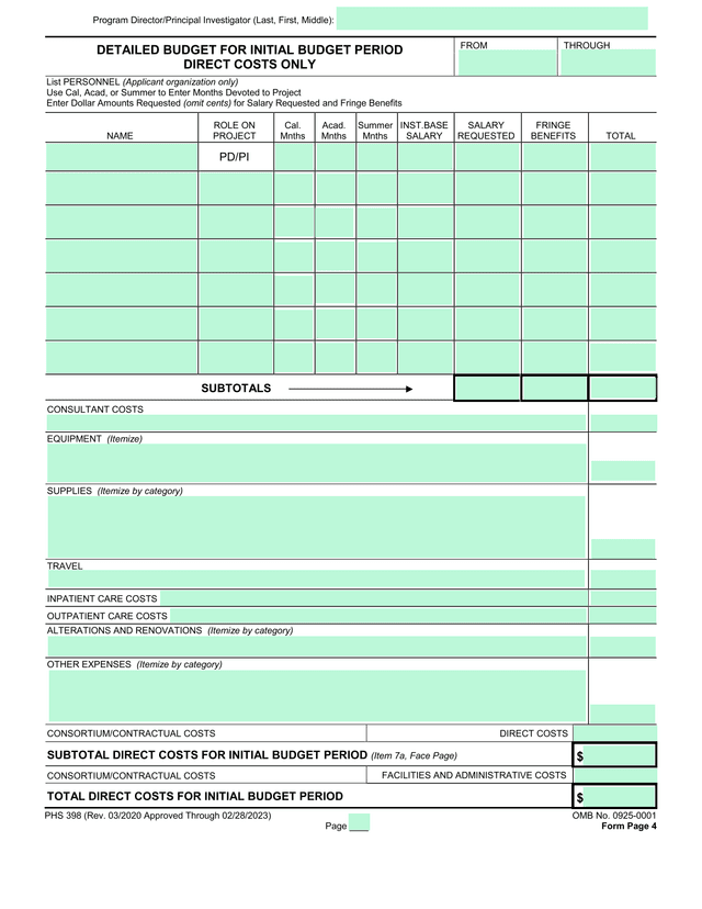 PHS 398 Detailed Budget For Initial Budget Period screenshot