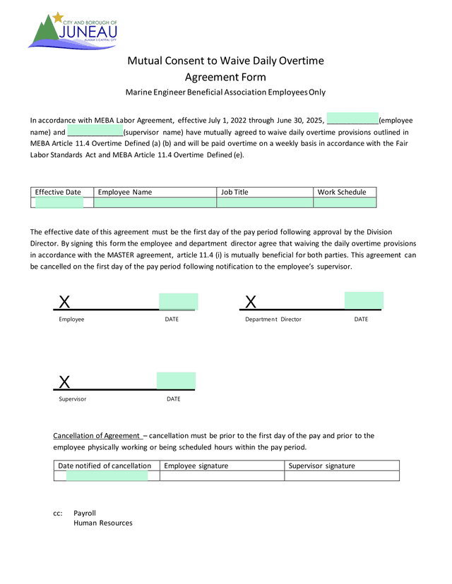 Mutual Consent To Waive Daily Overtime Agreement Form screenshot