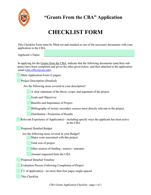 CBA Grants Application Checklist screenshot