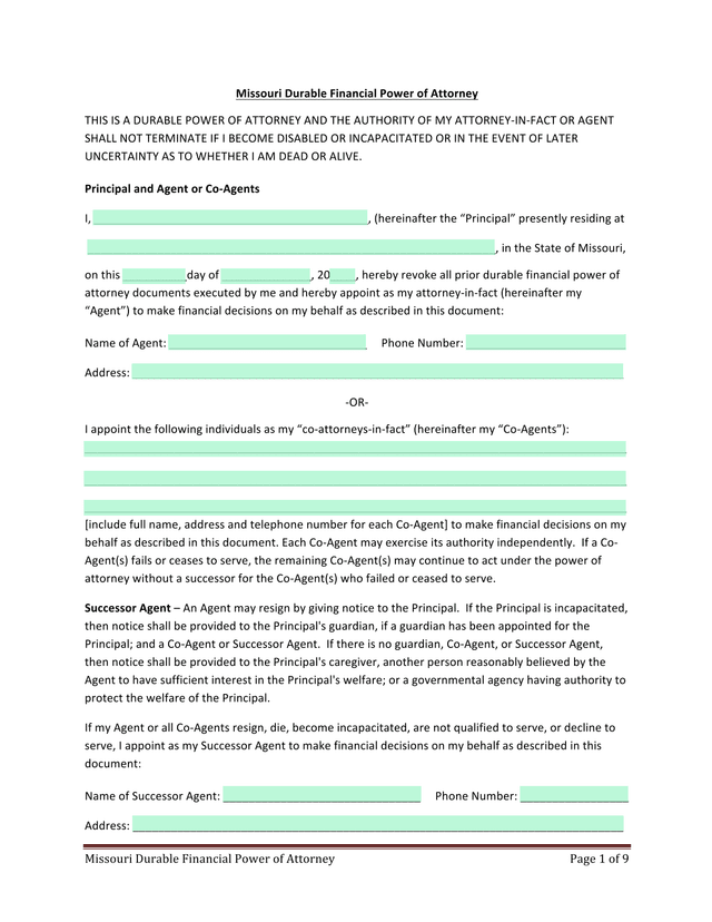 Missouri Durable Financial Power Of Attorney screenshot