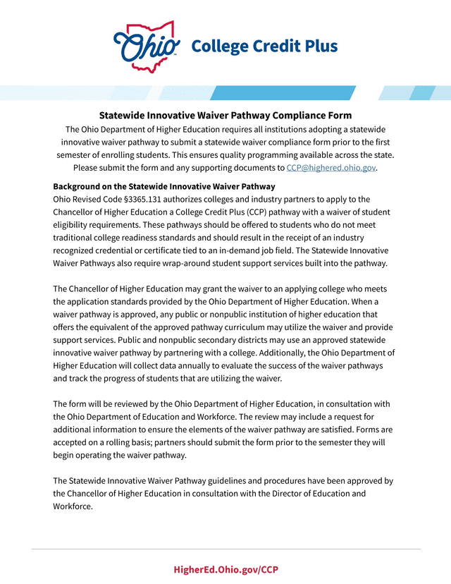 Statewide Innovative Waiver Pathway Compliance Form screenshot