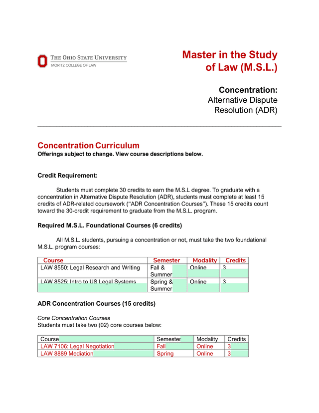 Master In The Study Of Law (M.S.L.)   Concentration Alternative Dispute Resolution (ADR) screenshot