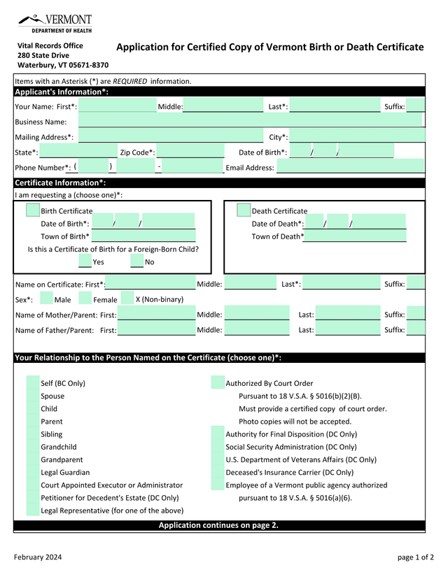 Application For Certified Copy Of Vermont Birth Or Death Certificate screenshot