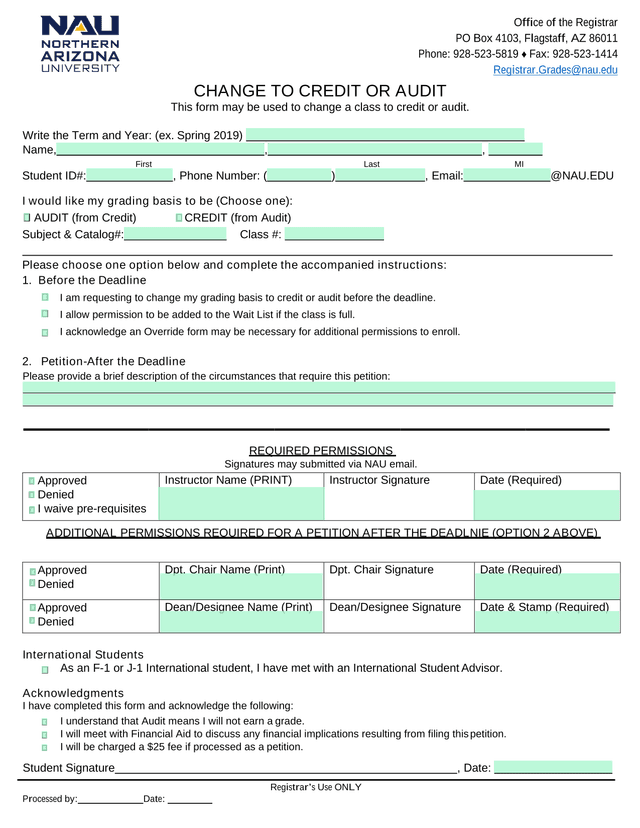 Change To Credit Or Audit Form screenshot