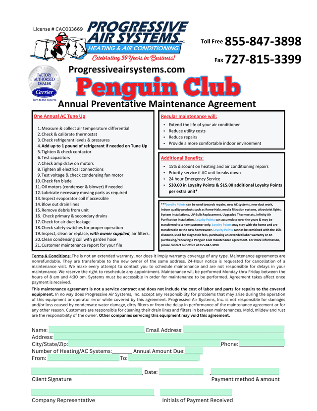 Penguin Club Annual Preventative Maintenance Agreement screenshot