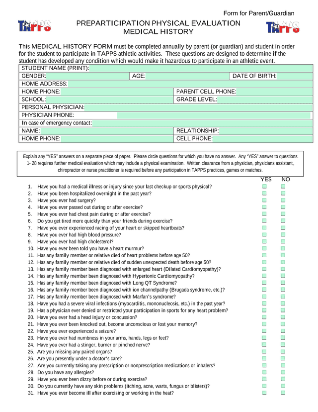 PREPARTICIPATION PHYSICAL EVALUATION MEDICAL HISTORY screenshot