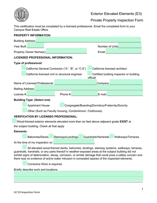 UC E3 Inspection Form   Exterior Elevated Elements (E3) Private Property Inspection Form screenshot
