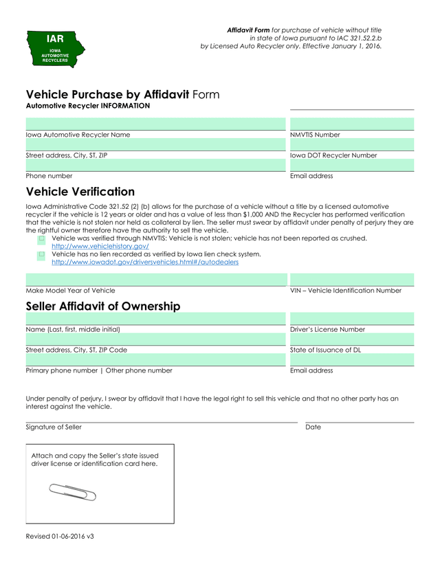 Vehicle Purchase By Affidavit Form screenshot