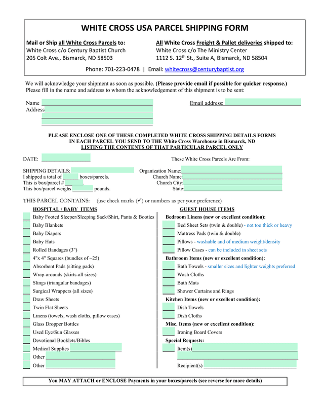 White Cross Shipping Details Form screenshot