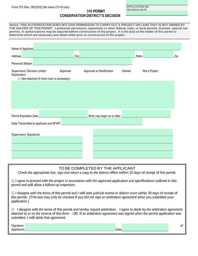 Form 310 Permit Conservation DistrictS Decision screenshot