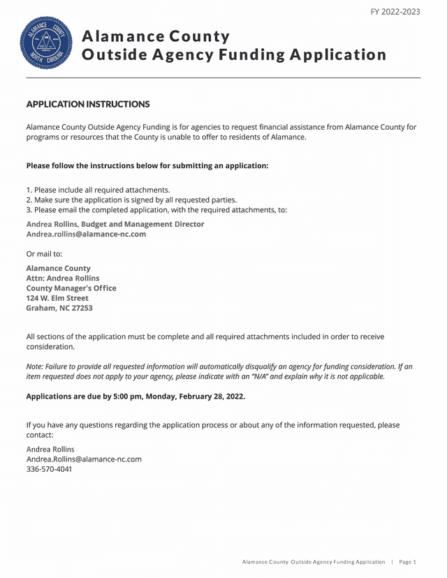 FY 2022 2023 Alamance County Outside Agency Funding Application screenshot