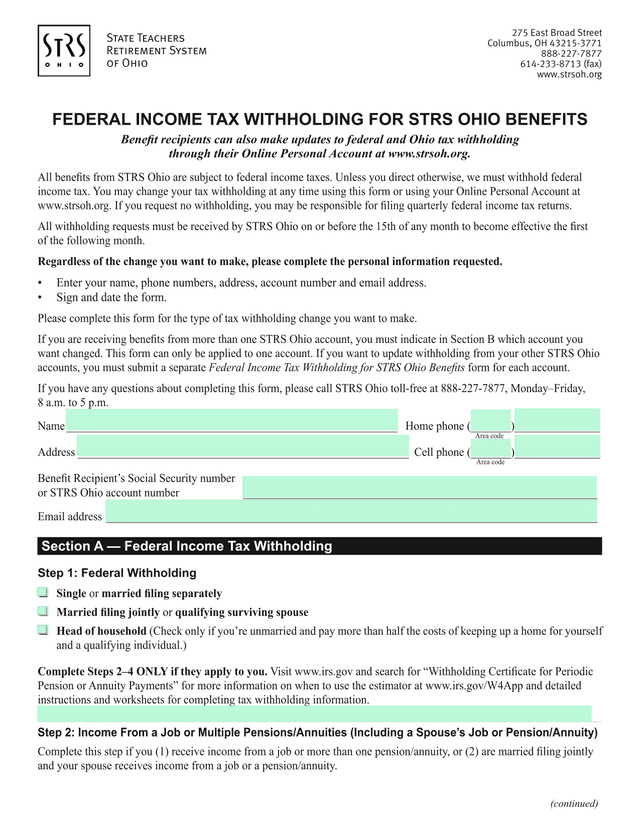 Federal Income Tax Withholding For STRS Ohio Benefits screenshot