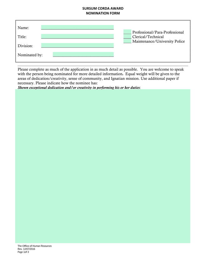 SURSUM CORDA AWARD NOMINATION FORM screenshot