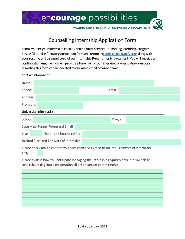 Counselling Internship Application Form screenshot