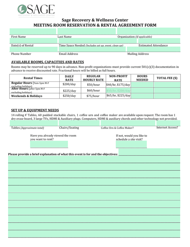 Meeting Room Reservation  Rental Agreement Form screenshot