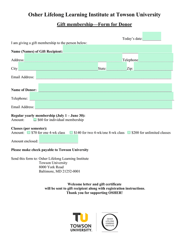 Osher Lifelong Learning Institute Gift Membership Form screenshot