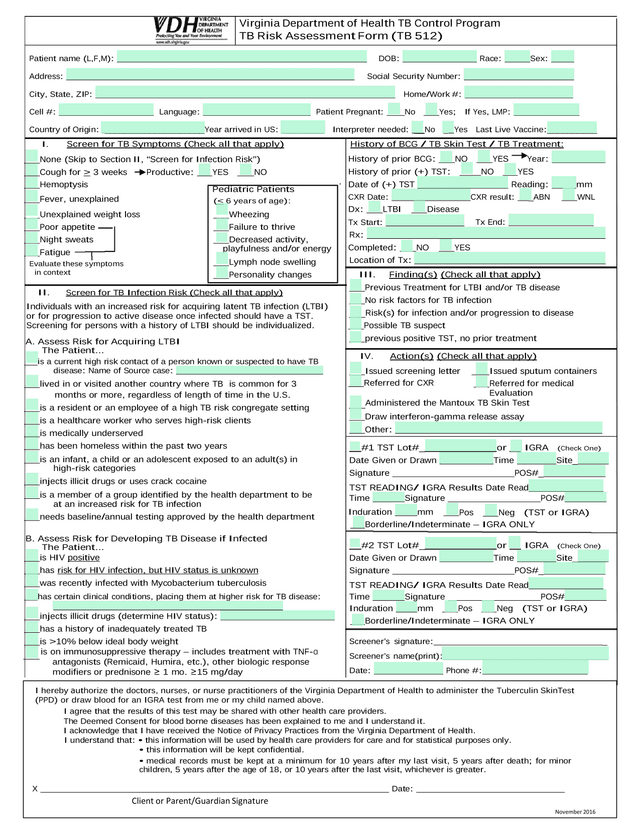 TB Risk Assessment Form (TB 512) screenshot