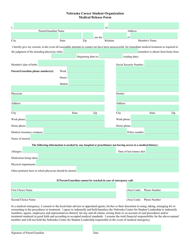Nebraska Career Student Organization Medical Release Form screenshot
