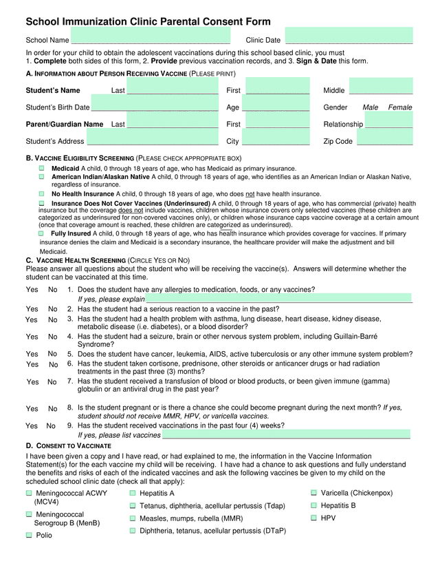 School Immunization Clinic Parental Consent Form screenshot