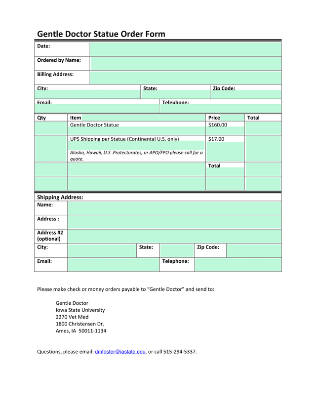 Gentle Doctor Statue Order Form screenshot