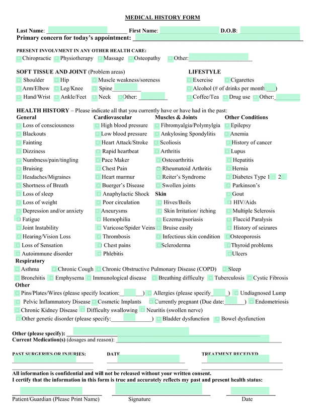 MEDICAL HISTORY FORM screenshot