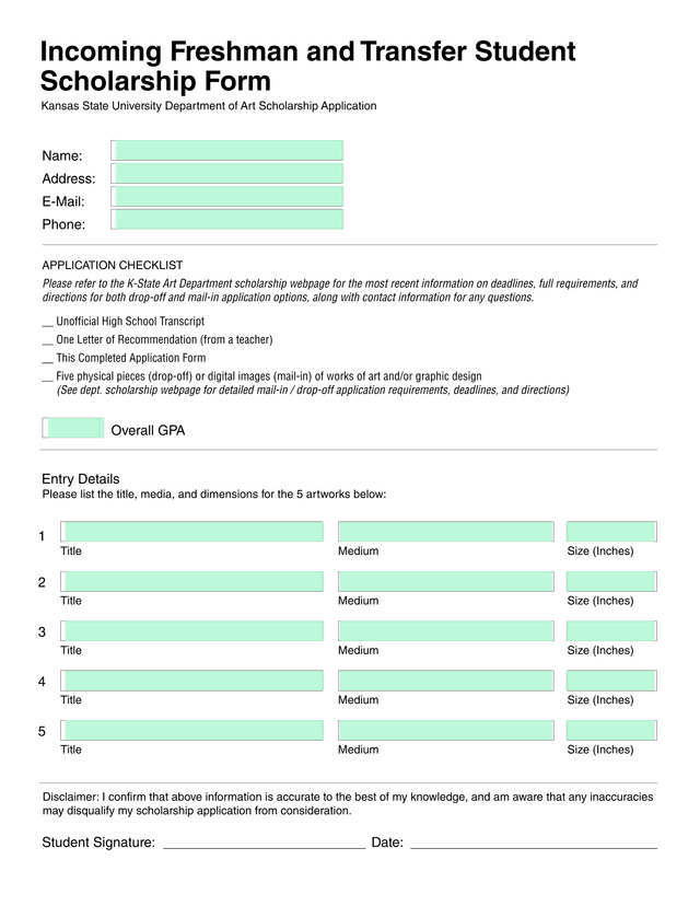 Incoming Freshman And Transfer Student Scholarship Form screenshot