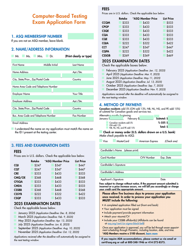 ASQ Certification Examination Fees And Registration Form screenshot