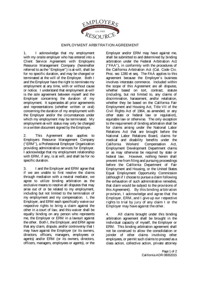 Employment Arbitration Agreement screenshot