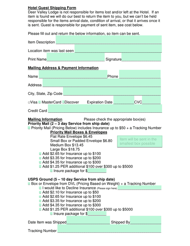 Hotel Guest Shipping Form screenshot