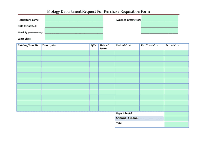 Biology Department Request For Purchase Requisition Form screenshot